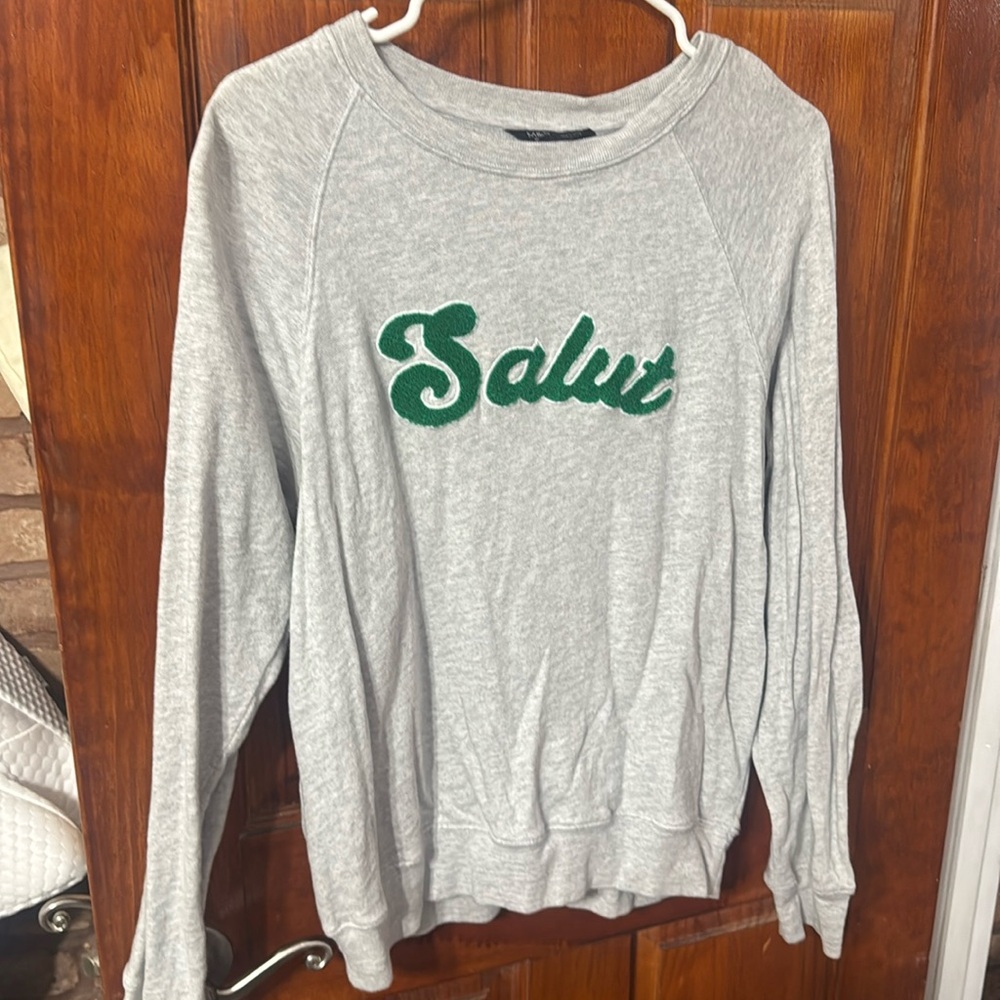 Marks & Spencer Salut Grey Crew Neck, Green text